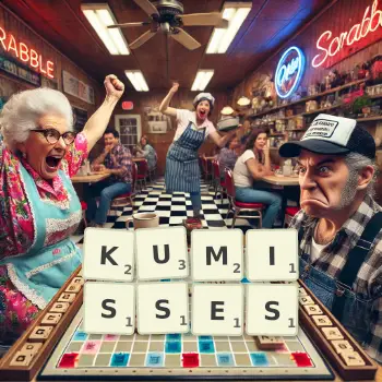 Creative illustration for a Scrabble game with the word KUMISSES spelled out in tiles on the board.