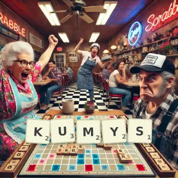 Creative illustration for a Scrabble game with the word KUMYS spelled out in tiles on the board.