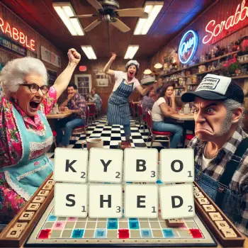 Creative illustration for a Scrabble game with the word KYBOSHED spelled out in tiles on the board.