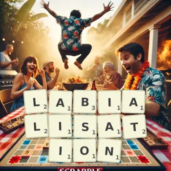 Creative illustration for a Scrabble game with the word LABIALISATION spelled out in tiles on the board.