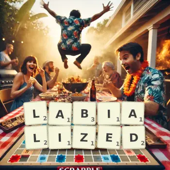 Creative illustration for a Scrabble game with the word LABIALIZED spelled out in tiles on the board.