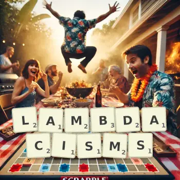Creative illustration for a Scrabble game with the word LAMBDACISMS spelled out in tiles on the board.