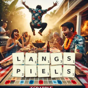 Creative illustration for a Scrabble game with the word LANGSPIELS spelled out in tiles on the board.