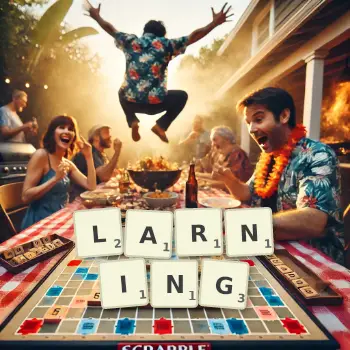 Creative illustration for a Scrabble game with the word LARNING spelled out in tiles on the board.