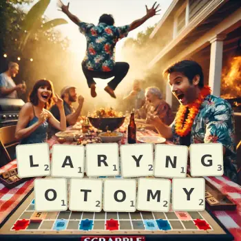Creative illustration for a Scrabble game with the word LARYNGOTOMY spelled out in tiles on the board.