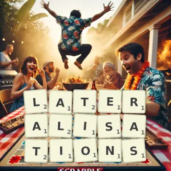 Creative illustration for a Scrabble game with the word LATERALISATIONS spelled out in tiles on the board.