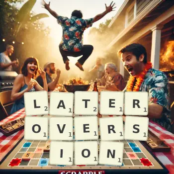 Creative illustration for a Scrabble game with the word LATEROVERSION spelled out in tiles on the board.