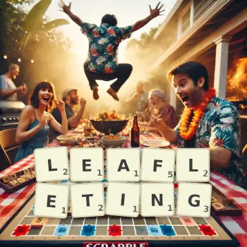Creative illustration for a Scrabble game with the word LEAFLETING spelled out in tiles on the board.