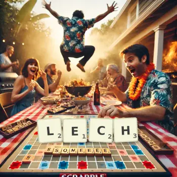 Creative illustration for a Scrabble game with the word LECH spelled out in tiles on the board.