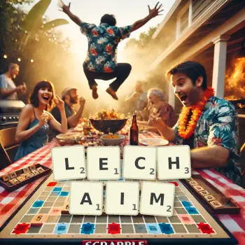 Creative illustration for a Scrabble game with the word LECHAIM spelled out in tiles on the board.