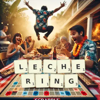 Creative illustration for a Scrabble game with the word LECHERING spelled out in tiles on the board.