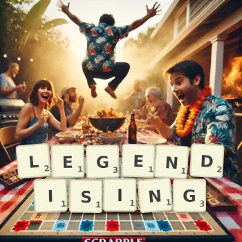 Creative illustration for a Scrabble game with the word LEGENDISING spelled out in tiles on the board.