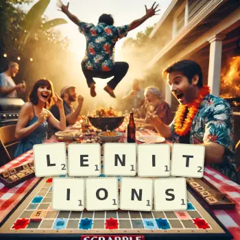 Creative illustration for a Scrabble game with the word LENITIONS spelled out in tiles on the board.