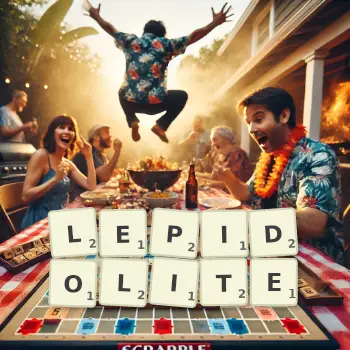 Creative illustration for a Scrabble game with the word LEPIDOLITE spelled out in tiles on the board.