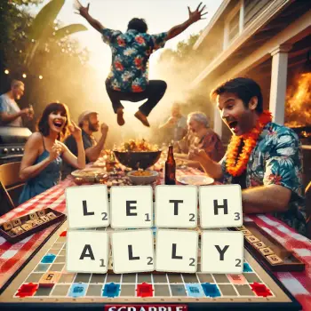 Creative illustration for a Scrabble game with the word LETHALLY spelled out in tiles on the board.