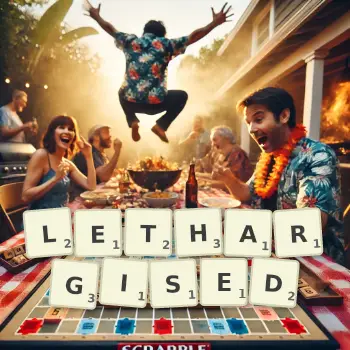 Creative illustration for a Scrabble game with the word LETHARGISED spelled out in tiles on the board.