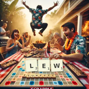 Creative illustration for a Scrabble game with the word LEW spelled out in tiles on the board.