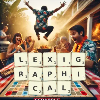 Creative illustration for a Scrabble game with the word LEXIGRAPHICAL spelled out in tiles on the board.