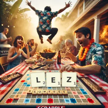 Creative illustration for a Scrabble game with the word LEZ spelled out in tiles on the board.