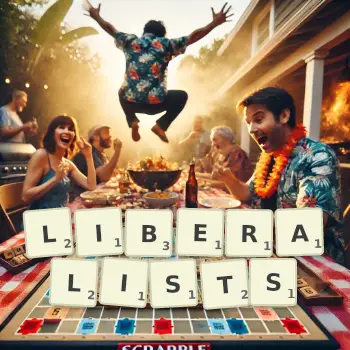 Creative illustration for a Scrabble game with the word LIBERALISTS spelled out in tiles on the board.