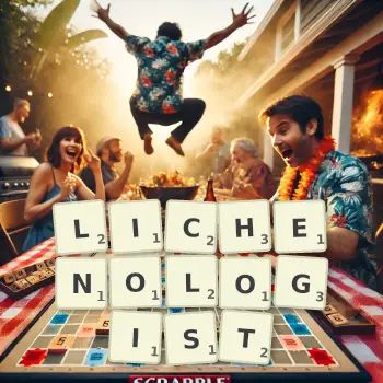 Creative illustration for a Scrabble game with the word LICHENOLOGIST spelled out in tiles on the board.
