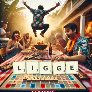 Creative illustration for a Scrabble game with the word LIGGE spelled out in tiles on the board.