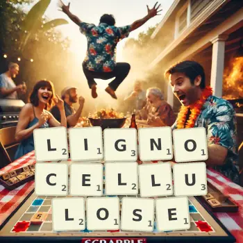 Creative illustration for a Scrabble game with the word LIGNOCELLULOSE spelled out in tiles on the board.