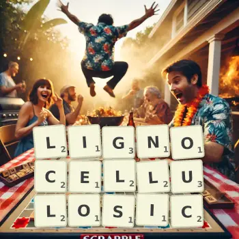 Creative illustration for a Scrabble game with the word LIGNOCELLULOSIC spelled out in tiles on the board.