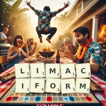 Creative illustration for a Scrabble game with the word LIMACIFORM spelled out in tiles on the board.