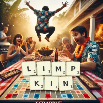 Creative illustration for a Scrabble game with the word LIMPKIN spelled out in tiles on the board.