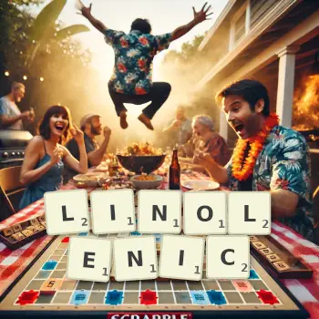 Creative illustration for a Scrabble game with the word LINOLENIC spelled out in tiles on the board.