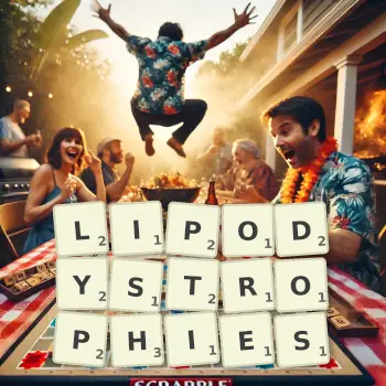 Creative illustration for a Scrabble game with the word LIPODYSTROPHIES spelled out in tiles on the board.