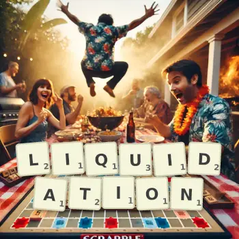 Creative illustration for a Scrabble game with the word LIQUIDATION spelled out in tiles on the board.