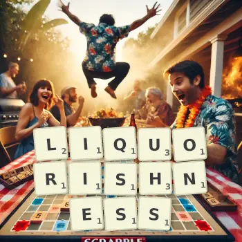 Creative illustration for a Scrabble game with the word LIQUORISHNESS spelled out in tiles on the board.