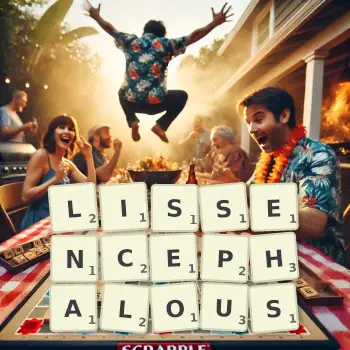 Creative illustration for a Scrabble game with the word LISSENCEPHALOUS spelled out in tiles on the board.