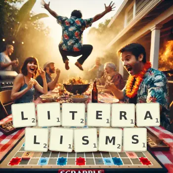 Creative illustration for a Scrabble game with the word LITERALISMS spelled out in tiles on the board.