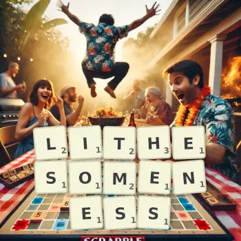 Creative illustration for a Scrabble game with the word LITHESOMENESS spelled out in tiles on the board.