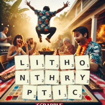 Creative illustration for a Scrabble game with the word LITHONTHRYPTIC spelled out in tiles on the board.