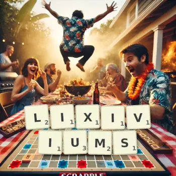 Creative illustration for a Scrabble game with the word LIXIVIUMS spelled out in tiles on the board.