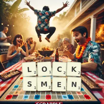 Creative illustration for a Scrabble game with the word LOCKSMEN spelled out in tiles on the board.