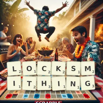 Creative illustration for a Scrabble game with the word LOCKSMITHING spelled out in tiles on the board.