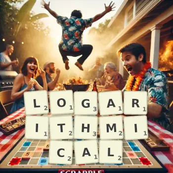 Creative illustration for a Scrabble game with the word LOGARITHMICAL spelled out in tiles on the board.