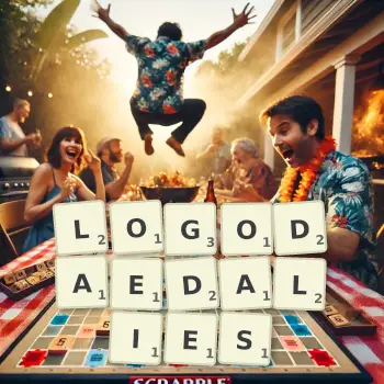 Creative illustration for a Scrabble game with the word LOGODAEDALIES spelled out in tiles on the board.