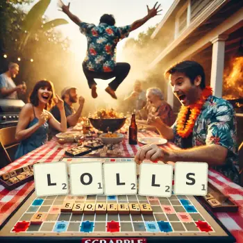 Creative illustration for a Scrabble game with the word LOLLS spelled out in tiles on the board.