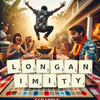 Creative illustration for a Scrabble game with the word LONGANIMITY spelled out in tiles on the board.