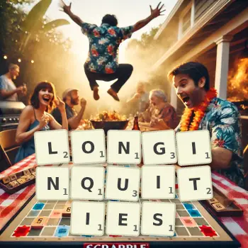 Creative illustration for a Scrabble game with the word LONGINQUITIES spelled out in tiles on the board.