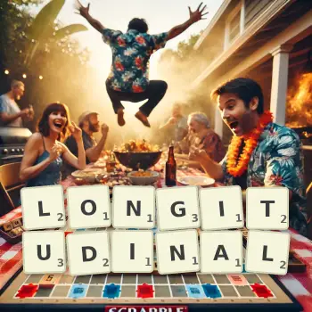 Creative illustration for a Scrabble game with the word LONGITUDINAL spelled out in tiles on the board.