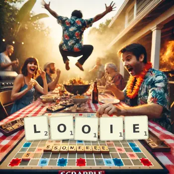 Creative illustration for a Scrabble game with the word LOOIE spelled out in tiles on the board.