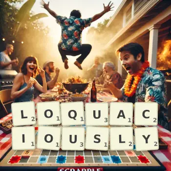 Creative illustration for a Scrabble game with the word LOQUACIOUSLY spelled out in tiles on the board.