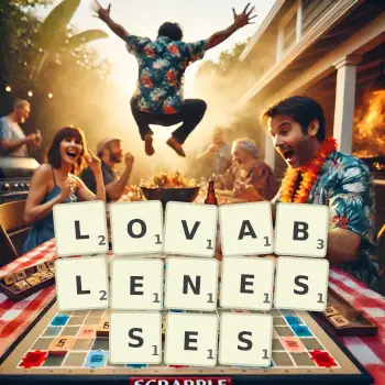 Creative illustration for a Scrabble game with the word LOVABLENESSES spelled out in tiles on the board.